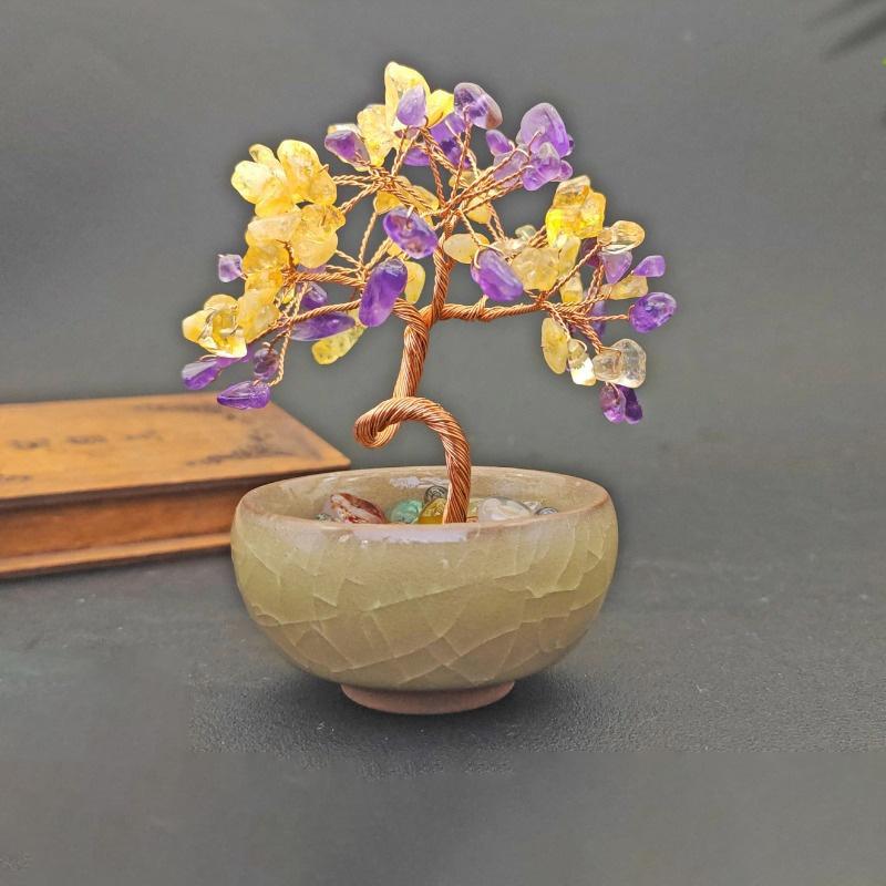1PC Crystal Colorful Tea Cup Base Fashion Copper Wire Wrapped Natural Feng Shui Trees Home Decor Tabletop Ornaments
