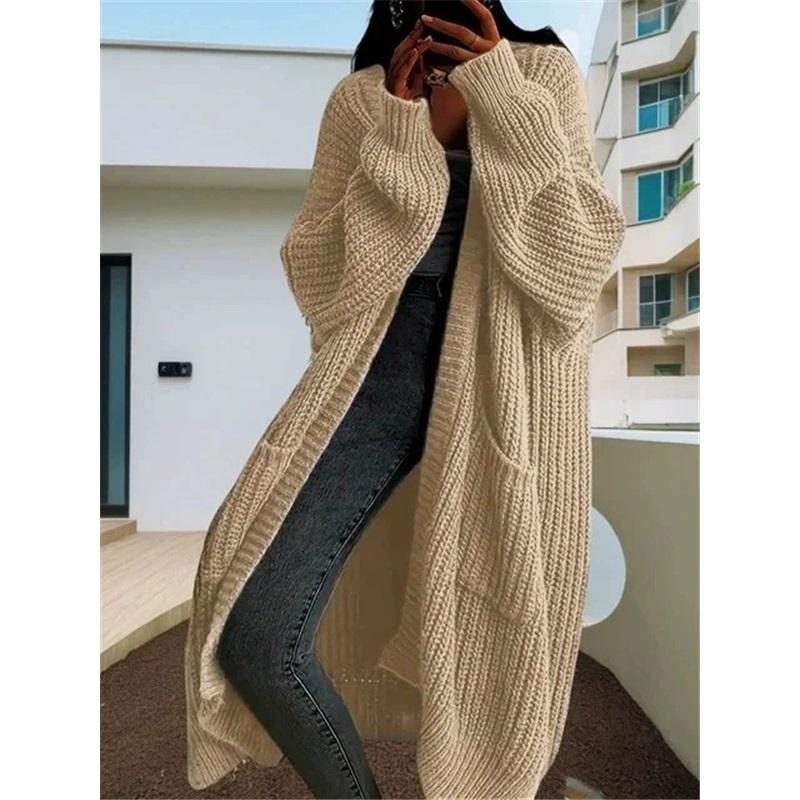 Длинный свободный свитер женский осенне-зимний вязаный кардиган на пуговицах с длинным рукавом