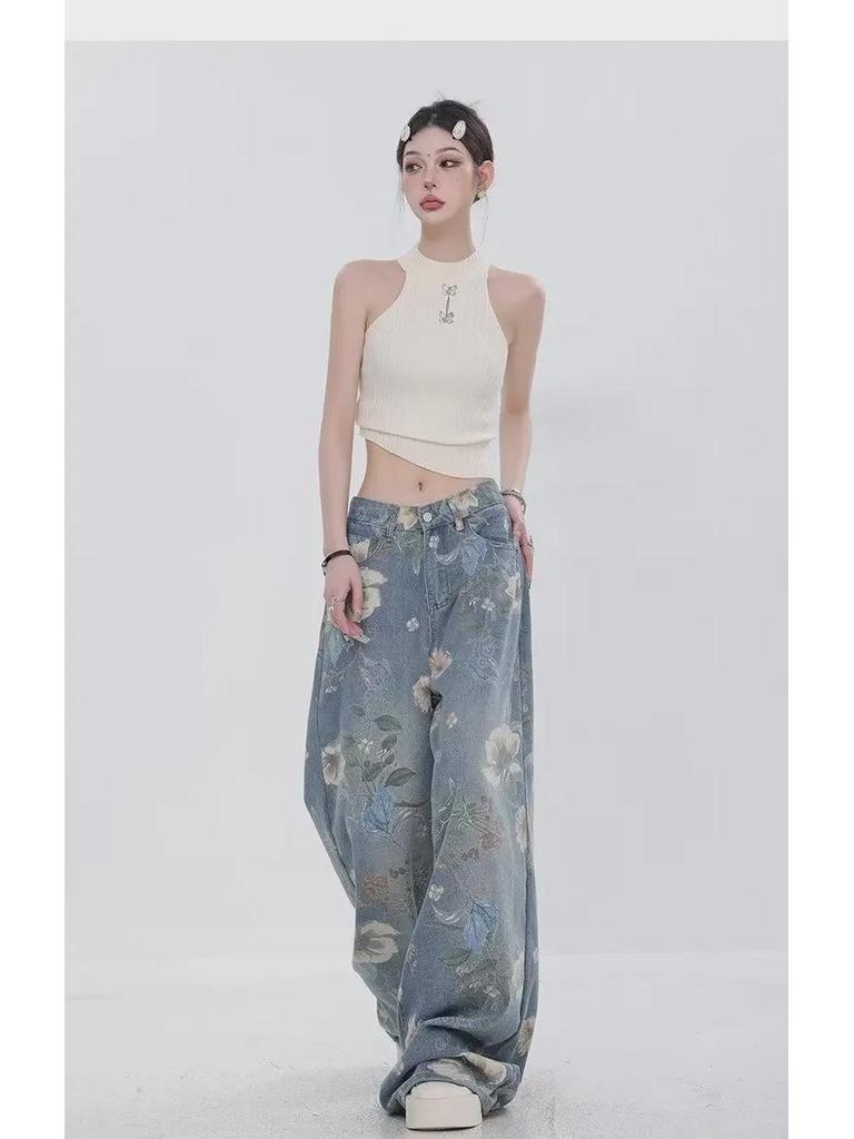 Женские ретро-синие джинсовые брюки широкого кроя - Летний стиль 2024 года