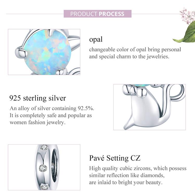 Подвеска-подвеска BAMOER из стерлингового серебра 925 пробы с опалом и котом, подходит для оригинального браслета или ожерелья