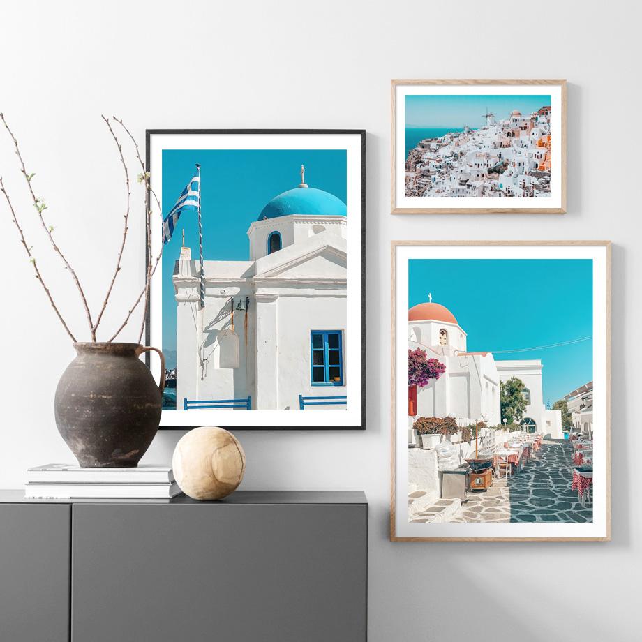 Santorini Aegean Town Scandinavia Flowers Sea NordicPosters Wall Art Canvas Painting And Prints Pictures For Living Room Decor