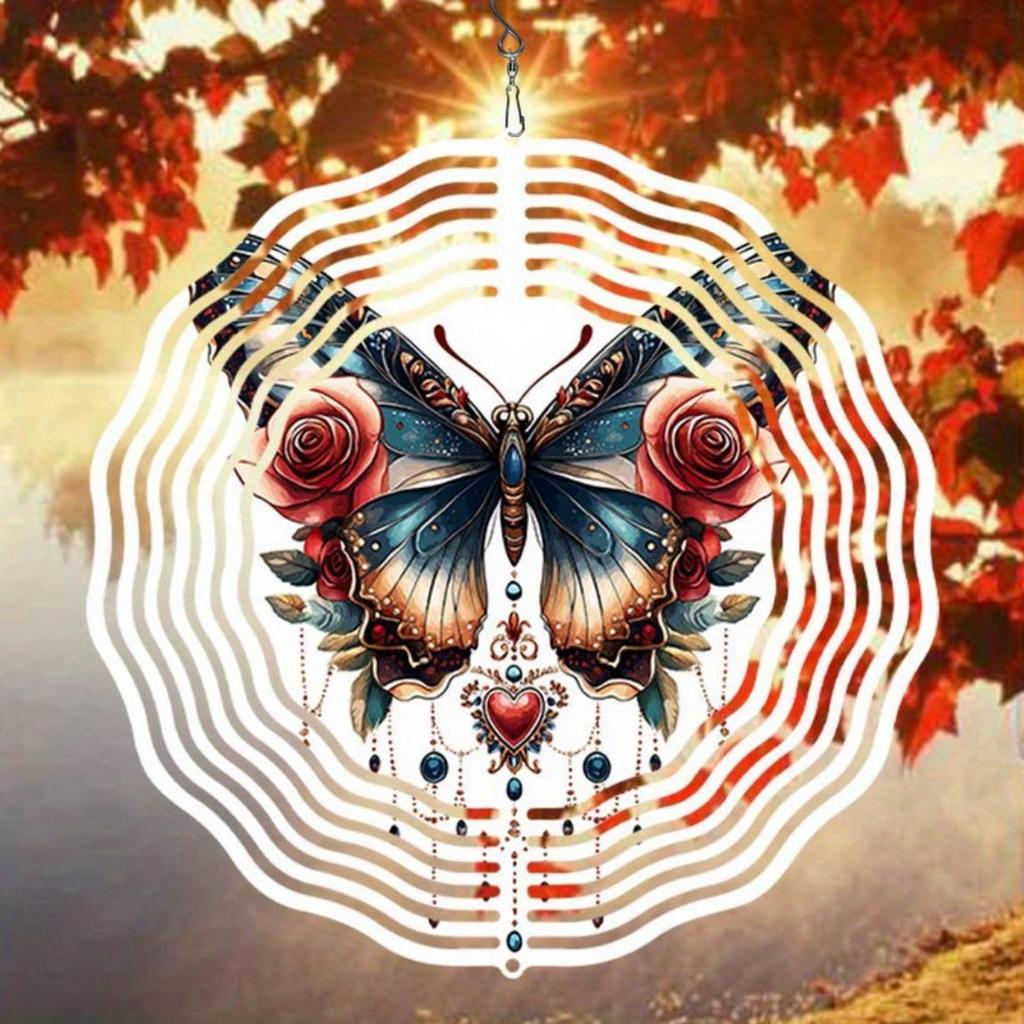 Металлический колокольчик ветра «Роза и бабочка», декор для сада на открытом воздухе с 3D-динамическим искусством, вращающиеся на 360° крючки, работающий от ветра для патио, двора или праздничного украшения