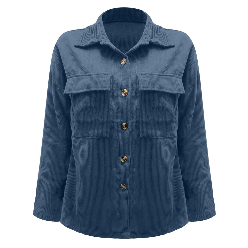 Women's And Winter Loose Corduroy Lapel Double Pockets Long-Sleeved Shirt Jacket