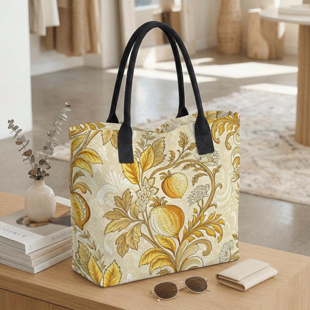 Boho Floral Canvas Tote Bag Aesthetic Vintage Printed Shoulder Handbag for Daily Use