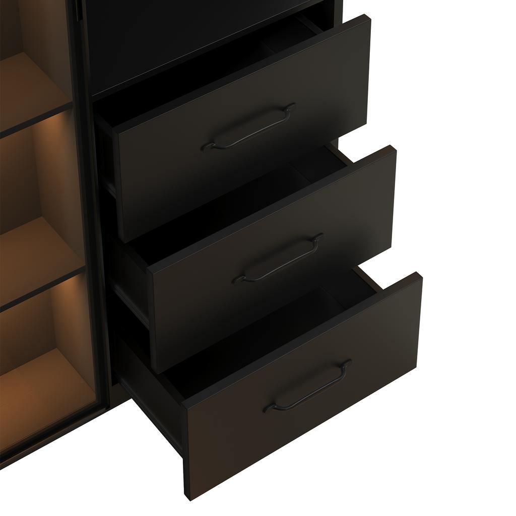 LED Display Cabinet 80 x 40 x 160 cm - Bookcase with Tempered Glass Door and LED Lighting, 3 Drawers and 3 Open Compartments, Multicolor LEDs