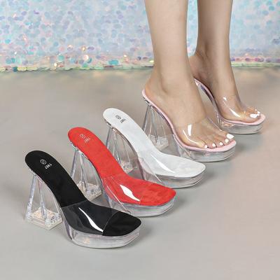 Новые 12 см Мода Свадьба Сексуальная Модель Автомобиля Прозрачный Толстый Каблук Кристалл Квадратный Носок Нескользящие Тапочки LFD-1989-6