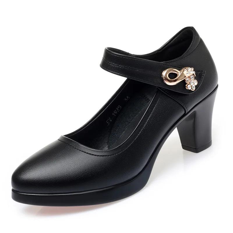 Женские туфли на высоком каблуке, туфли-платформы, весна-осень, новая мода, с пряжкой, однотонные черные туфли, женские туфли из мягкой кожи, водонепроницаемые, женские