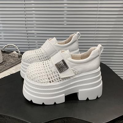 Модная женская обувь на платформе 8 см, слипоны, толстая подошва, новинка лета, ажурные кожаные массивные кроссовки, дышащие, для улицы, босоножки на высоком каблуке