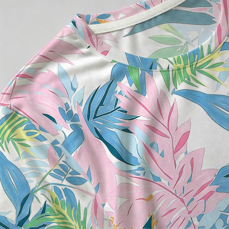 Women's Tropical Plant Casual Short Sleeve T-Shirt - Soft Cotton, Colorful Fresh Design, Versatile for Everyday Wear & Work Commute