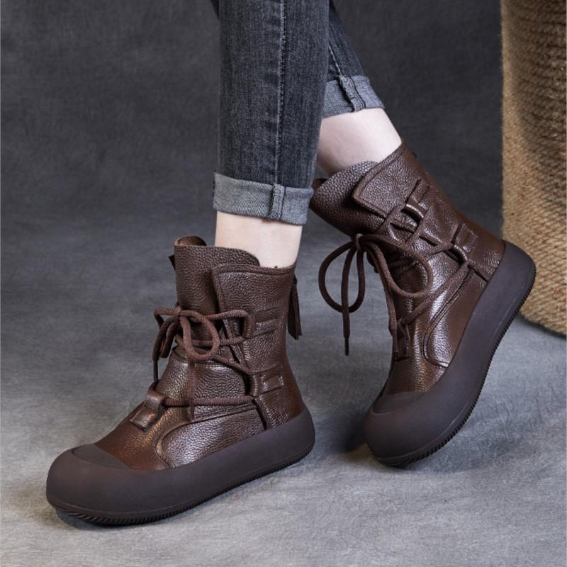Johnature Handmade Vintage Mid-calf Boots Genuine Leather Women's Thick Soled Casual Versatile Short Boots