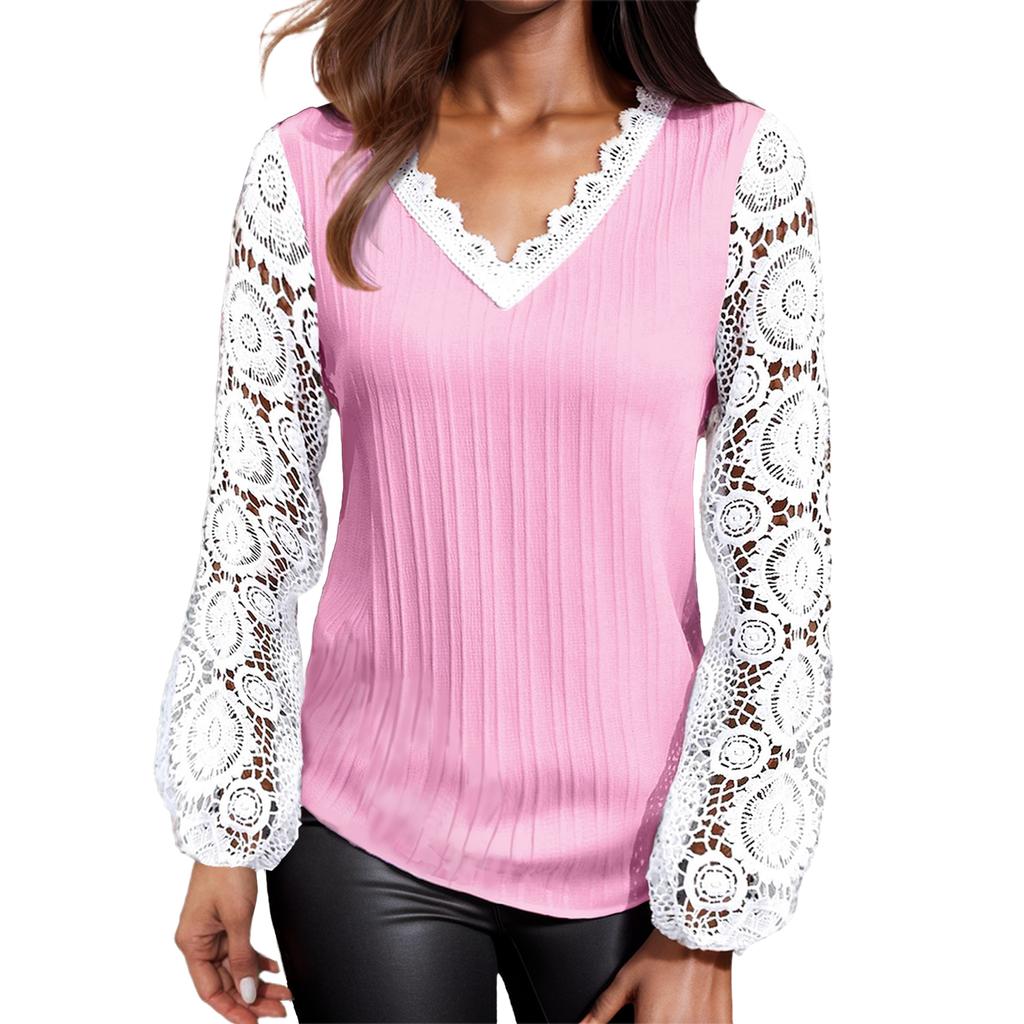 Женская свободная повседневная футболка с v-образным вырезом и кружевом в стиле пэчворк с длинными рукавами