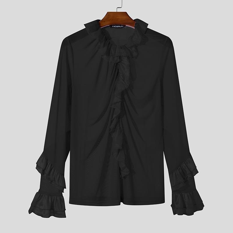 INCERUN Мужские прозрачные топы с длинным рукавом и оборками по низу, сетчатые рубашки для вечеринок