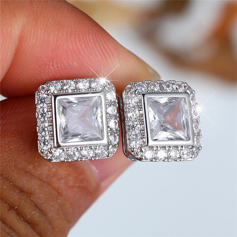 Brilliant Princess Cut White Zircon Stud Earrings for Women Silver Color Wedding Fine Jewelry Gifts
