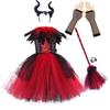 Kids Girls Vampire Witch Queen Mesh Tutu Dress Horn Headwear Children Halloween Cosplay Costumes Pretend Princess Party Role Play Outfit