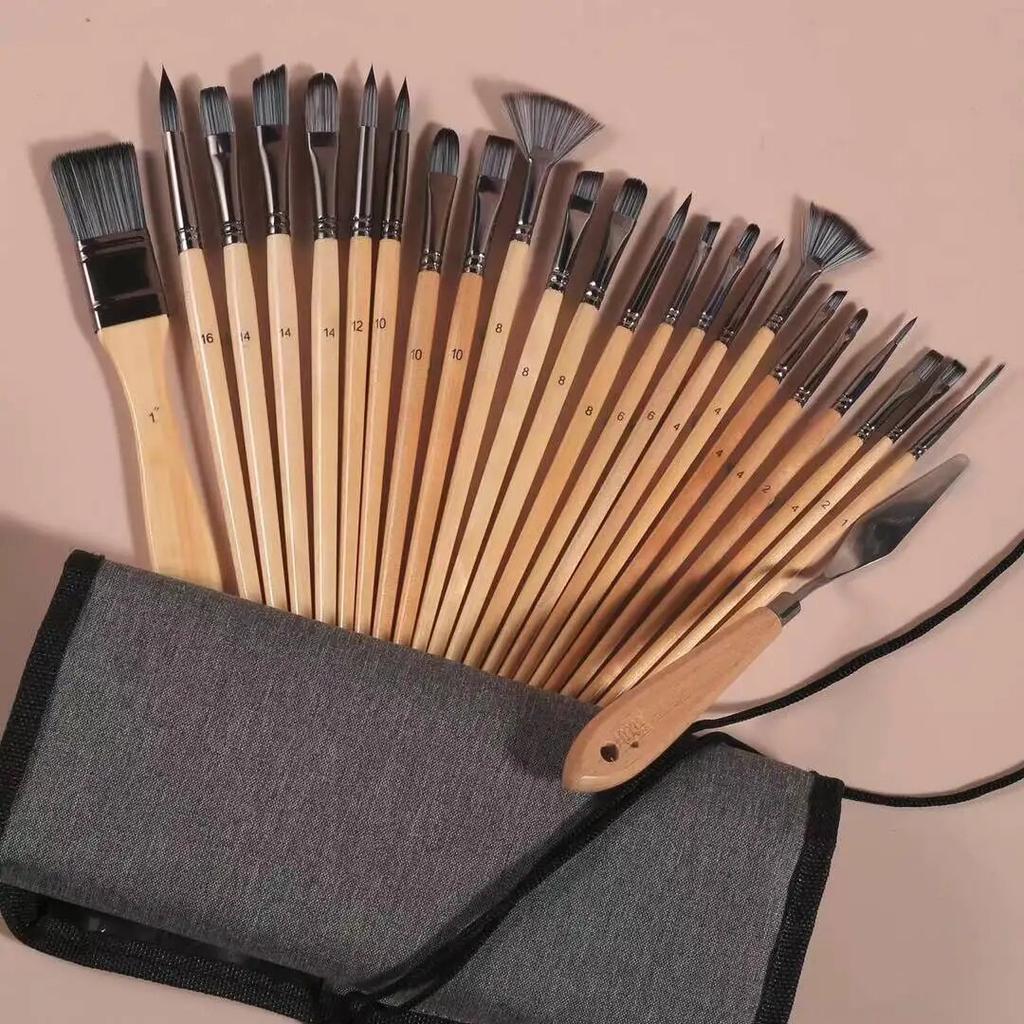 24 Piece High-quality Nylon Hair Birch Short Rod Artist Paint Brush Set Applicable To Watercolor and Acrylic Painting Art Supply