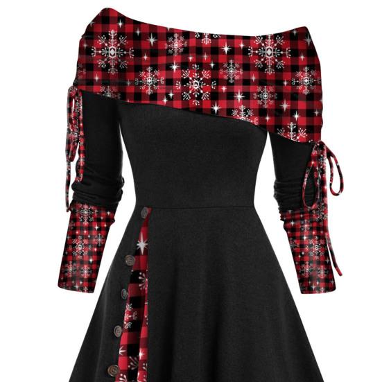 Женское осенне-зимнее платье-миди трапециевидной формы с открытыми плечами и длинными рукавами, клетчатое платье с принтом и пуговицами, декор для рождественской вечеринки