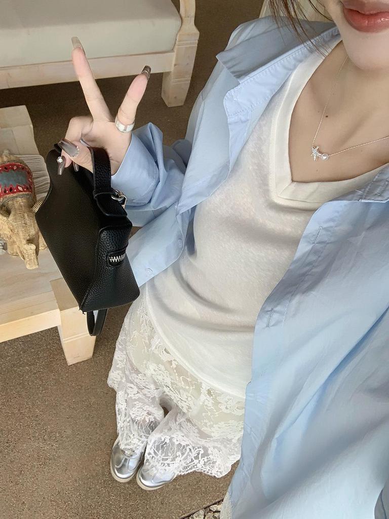 Женская синяя рубашка-жакет с кружевными вставками - корейский дизайн 2025 года, свободный крой, защита от солнца для лета