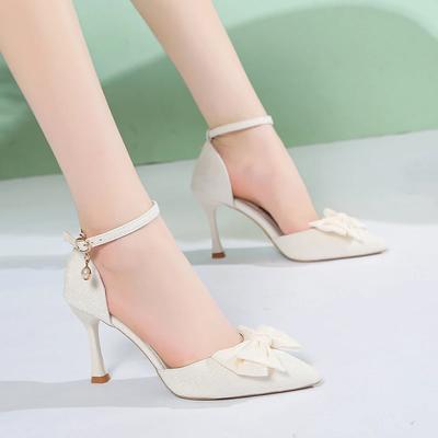 Летние сандалии 2024 года Женская новая обувь на тонком каблуке с ремешком с одной пряжкой, с вырезами, с острым носком, на высоком каблуке, с бантом, женская обувь