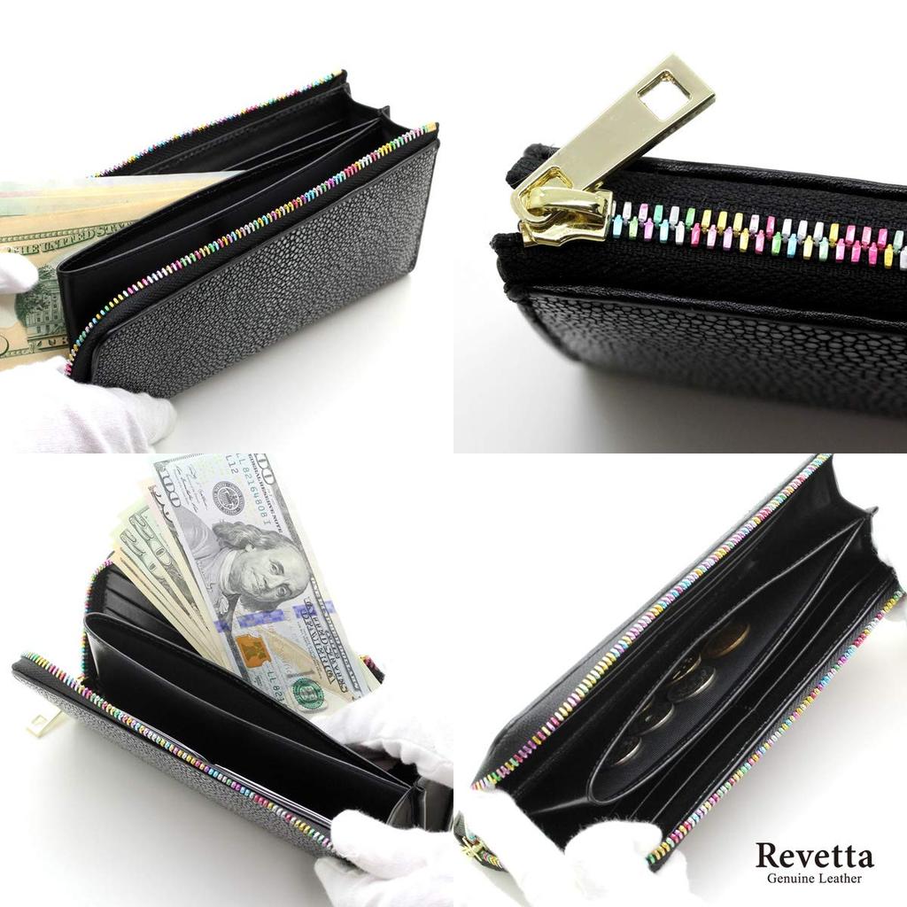 [Revetta] Длинный кошелек из кожи ската, L-образная молния YKK MIX Color, Черный галуша из кожи ската, Мужской и женский, Натуральная кожа [164-1stw]