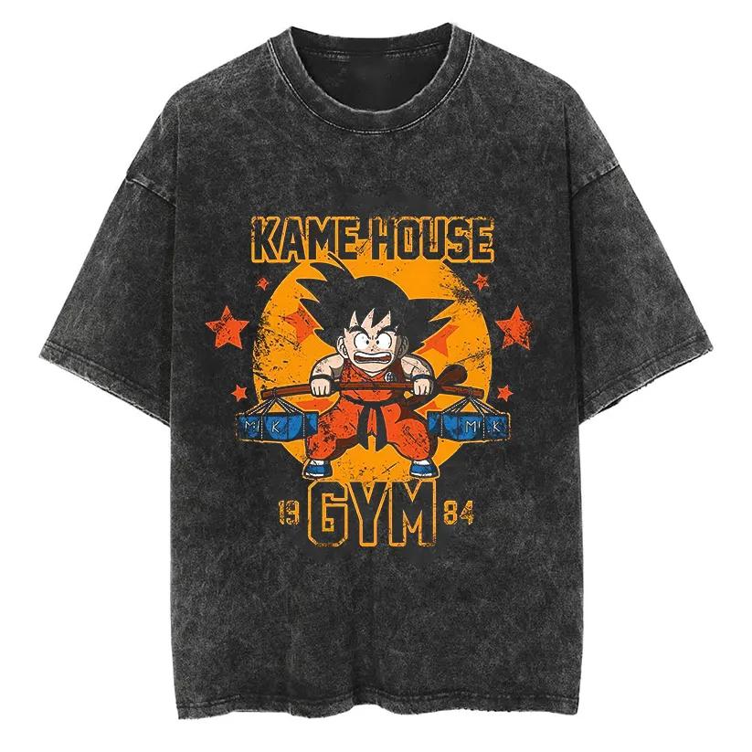 Dragon Ball Goku T Shirt Kame House Gym Men Acid Wash Oversized Anime Training Cotton Vintage Streetwear Graphic Top Tee
