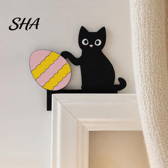 Creative Living Room Decoration Wooden Cartoon Cat Door Frame Pendant, Cute Black Corner Decorative Sign Decoration, Wall Sticker for Photo Frames And