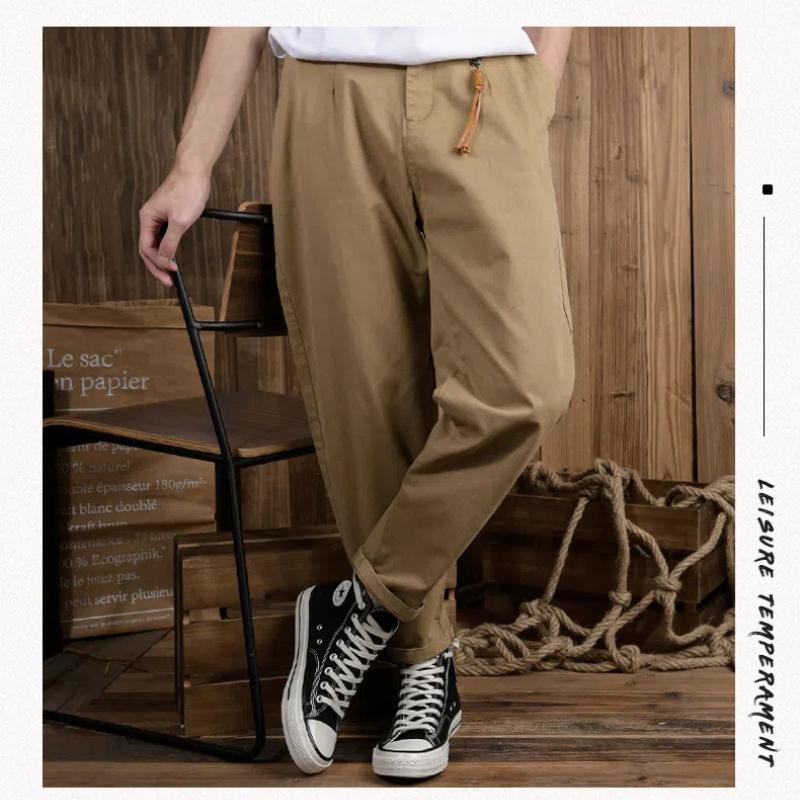 Spring/Autumn Men's Pants Casual Retro Style Cargo Pants Solid Color Cotton Straight Nine Points Pant Baggy Men Trousers