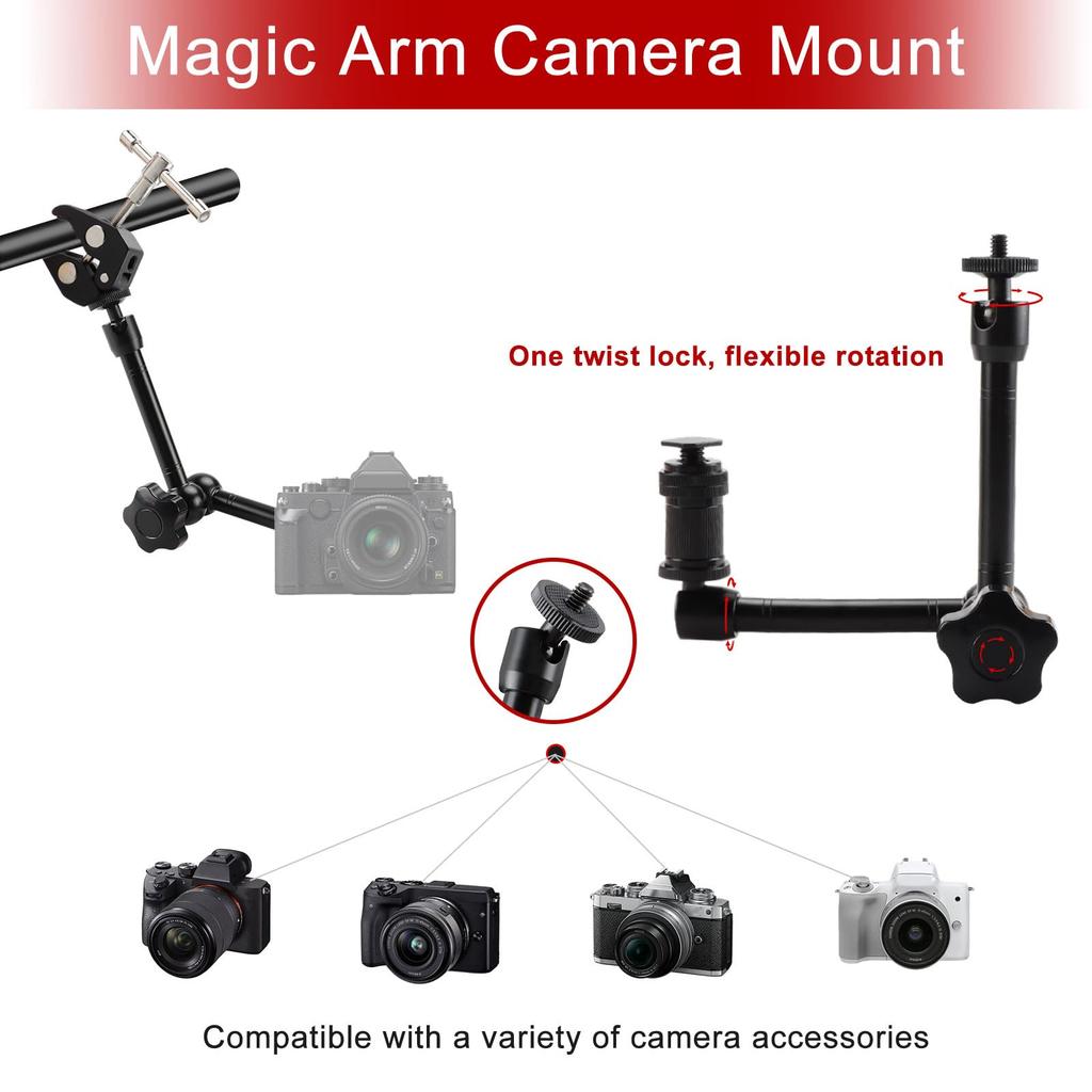TECDW Adjustable Magic Super Ball Articulating Magic Arm with and Screw Magic Arm Clamp for LED Flash Camera 11" Arm, Clamp, 360° Head, 1/4" 3/8"