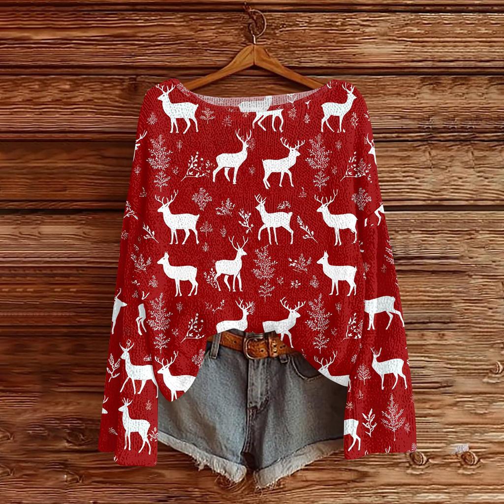 Women's Round Neck Lightweight Sweater Casual Long Sleeve Christmas Print Knit Pullover.