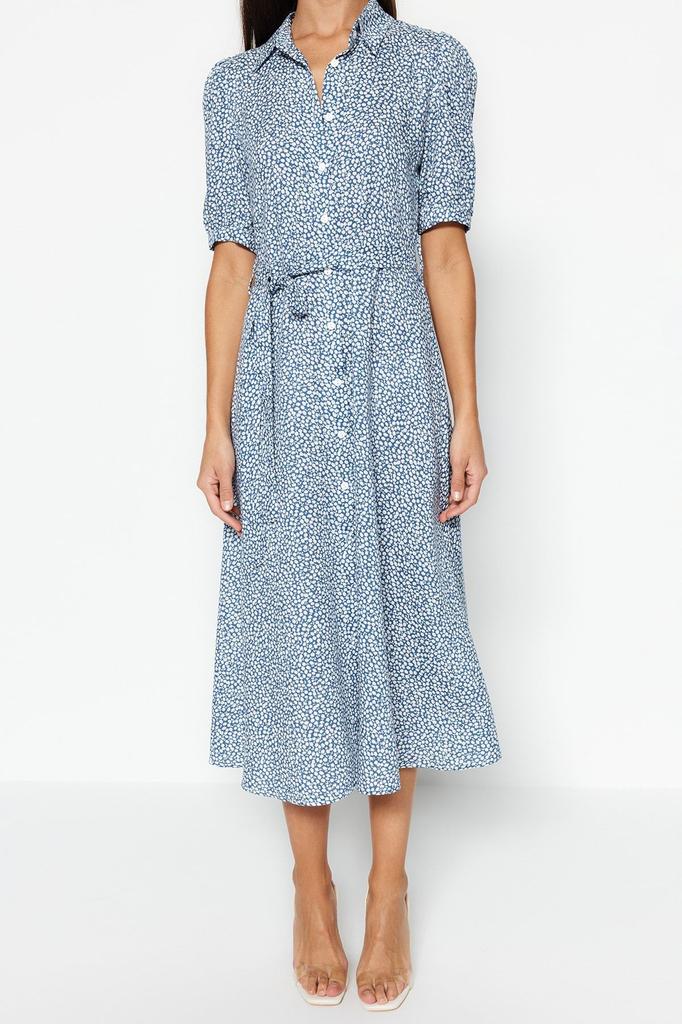 Women's Fashion New Dress Black Floral Pattern Slit Woven Shirt Dress