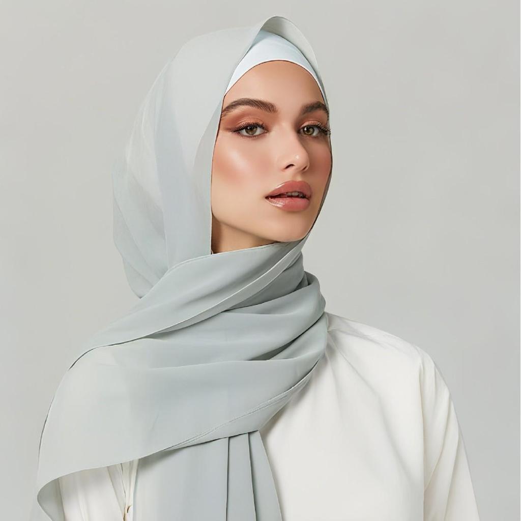 Women's Solid Color Pearl Chiffon Bubble Scarf, Long Silk Headscarf, 70x180cm, Middle Eastern Style