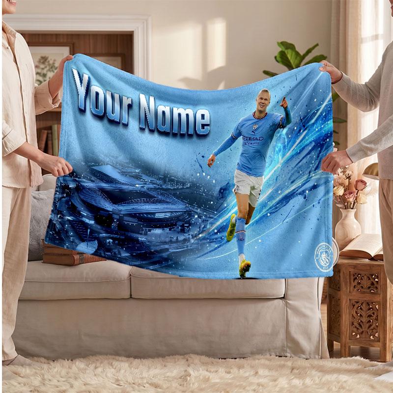 Erling Haaland Personalized Fleece Blanket With Football Logo, Custom Name Text Soft Warm Home Throw Blanket