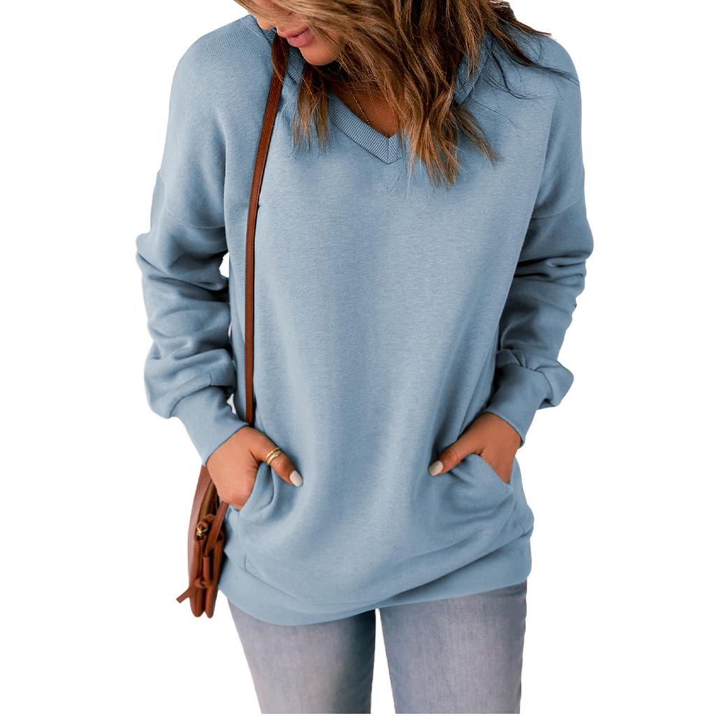Женская повседневная толстовка с v-образным вырезом, свободные мягкие пуловеры с длинными рукавами, однотонные рубашки с боковыми карманами