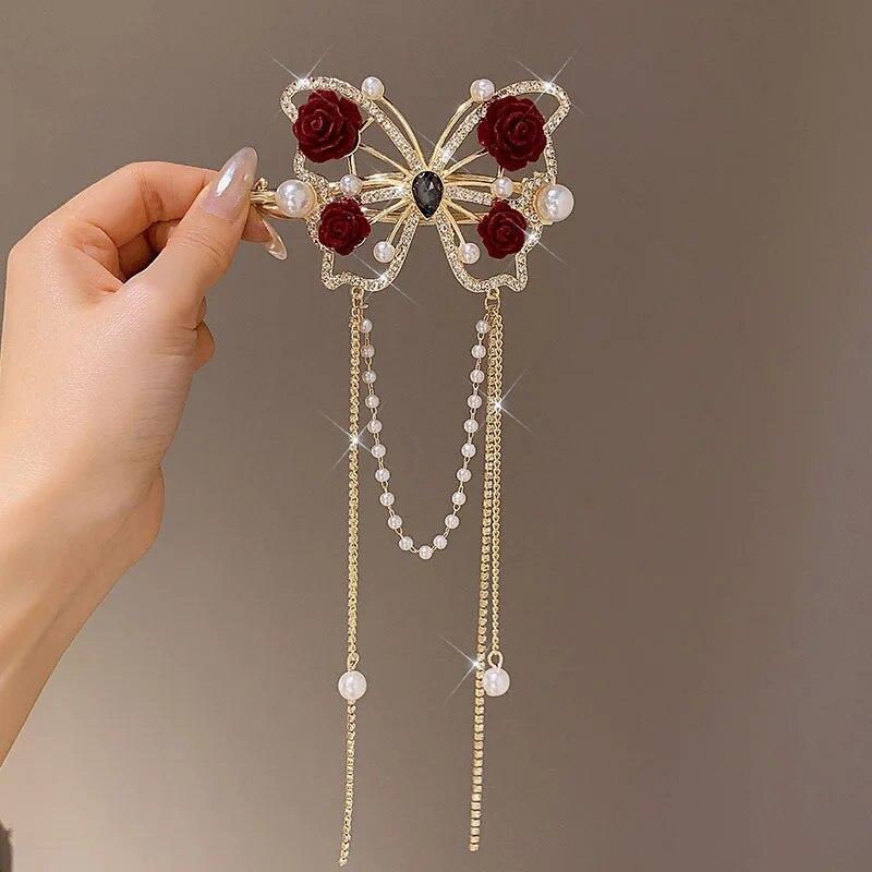 Винтажные бархатные когти для волос с красной розой для женщин, роскошные металлические зажимы, заколки для волос, заколки для волос, новые аксессуары для волос со стразами, головные уборы