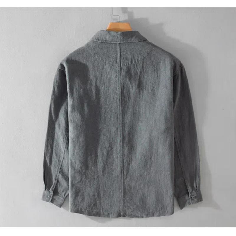 Весенние и осенние рубашки с длинным рукавом для мужчин в китайском стиле из хлопка и льна, повседневная мужская одежда с несколькими карманами, однотонная рубашка с воротником-лацкан