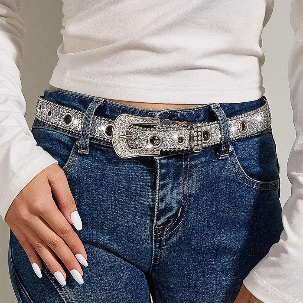 Adjustable Glitter Waistband PU Leather Belts Fashion Full Rhinestone Belt for Women Girls