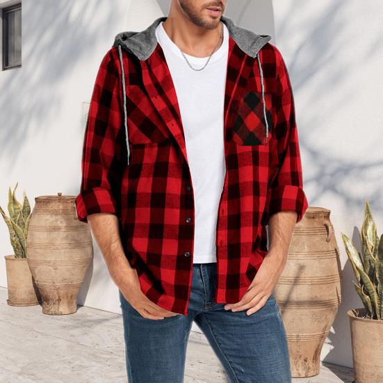 Fall Spring Men Shirt Hooded Drawstring Long Sleeves Color Matching Plaid Print Single-breasted Daily Wear School