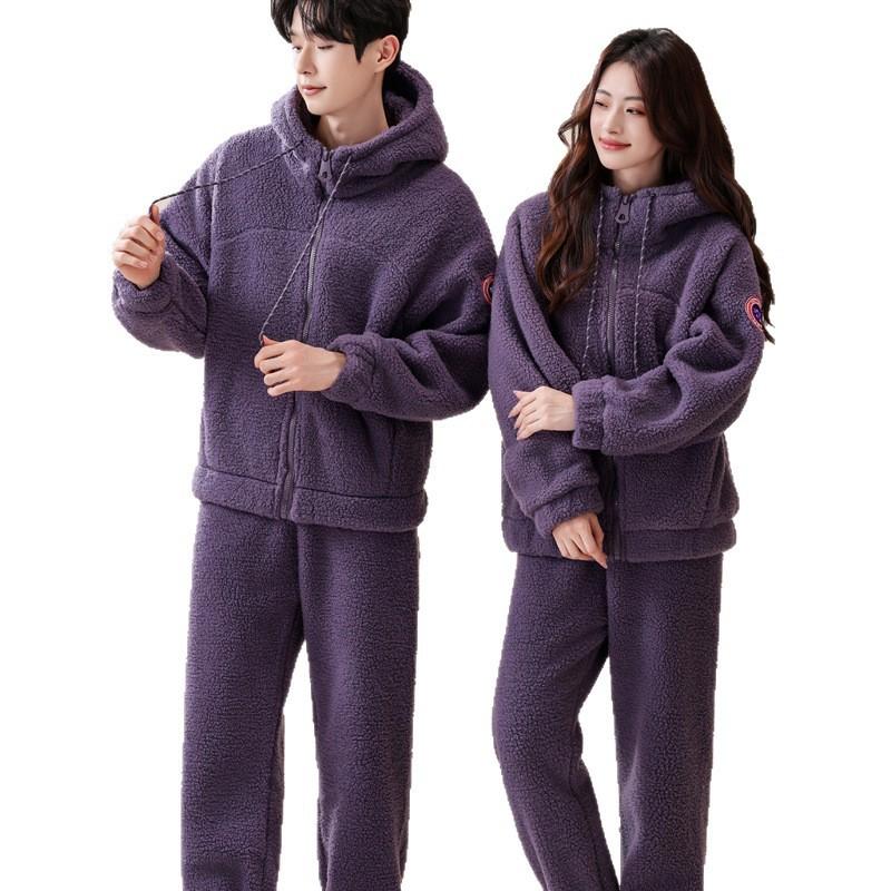 Couple Coral Fleece Pajamas Set Thick Warm Winter Loungewear Men Women