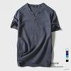 Men's Solid Color V-Neck Cotton Linen Short Sleeve T-Shirt with Buttons