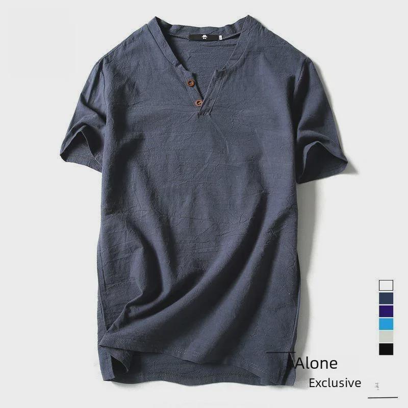Men's Solid Color V-Neck Cotton Linen Short Sleeve T-Shirt with Buttons