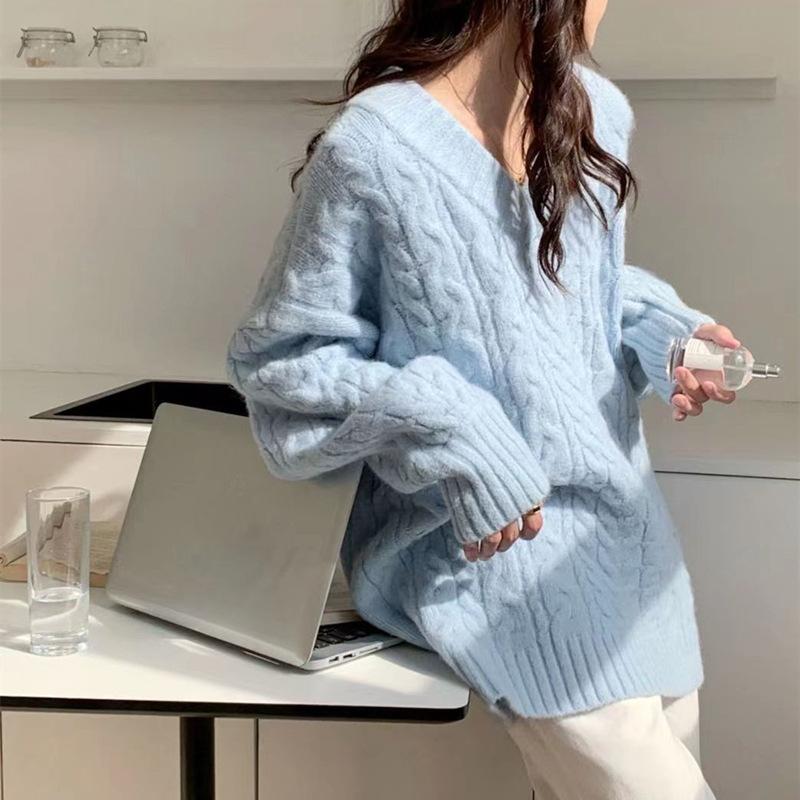 V-образный вырез ленивый ветровой свитер женский осенне-зимний комплект свободная верхняя одежда блузка утолщенный перекрученный вязаный свитер удобный универсальный модный