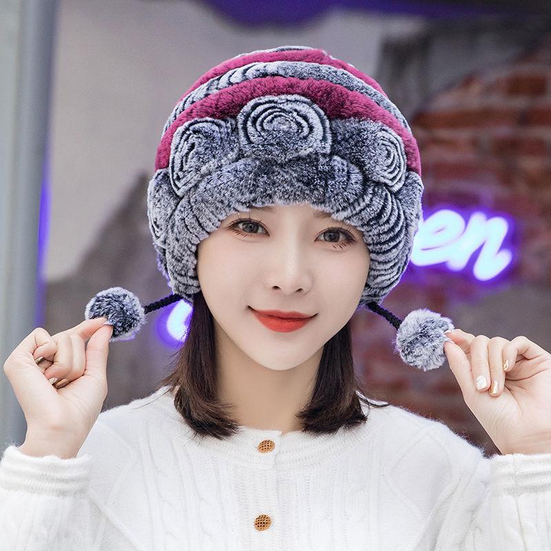Rex Rabbit Fur Hat Autumn and Winter Fur Hat Tassel Woolen Hat Thick Warm Ear Protection Fur Hat