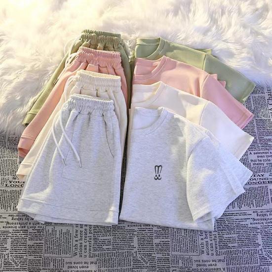 2 шт./компл., женская футболка, шорты, костюм с круглым вырезом, однотонный, с короткими рукавами, топ на шнурке, эластичная талия