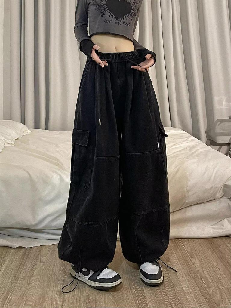 Retro High-Waisted Wide Leg Cargo Pants for Women - Street Dance Hip Hop Trousers, Straight Leg, Floor-Length