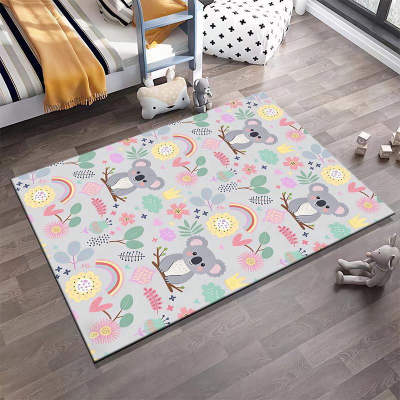 Cute Koala Cartoon Carpet with Rainbows and Floral Pattern Design Suitable for use as an anti-slip for living room bedroom sofas