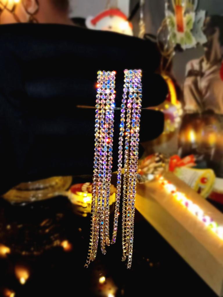 Премиальные супер яркие серьги с длинной бахромой, полностью инкрустированные бриллиантами
