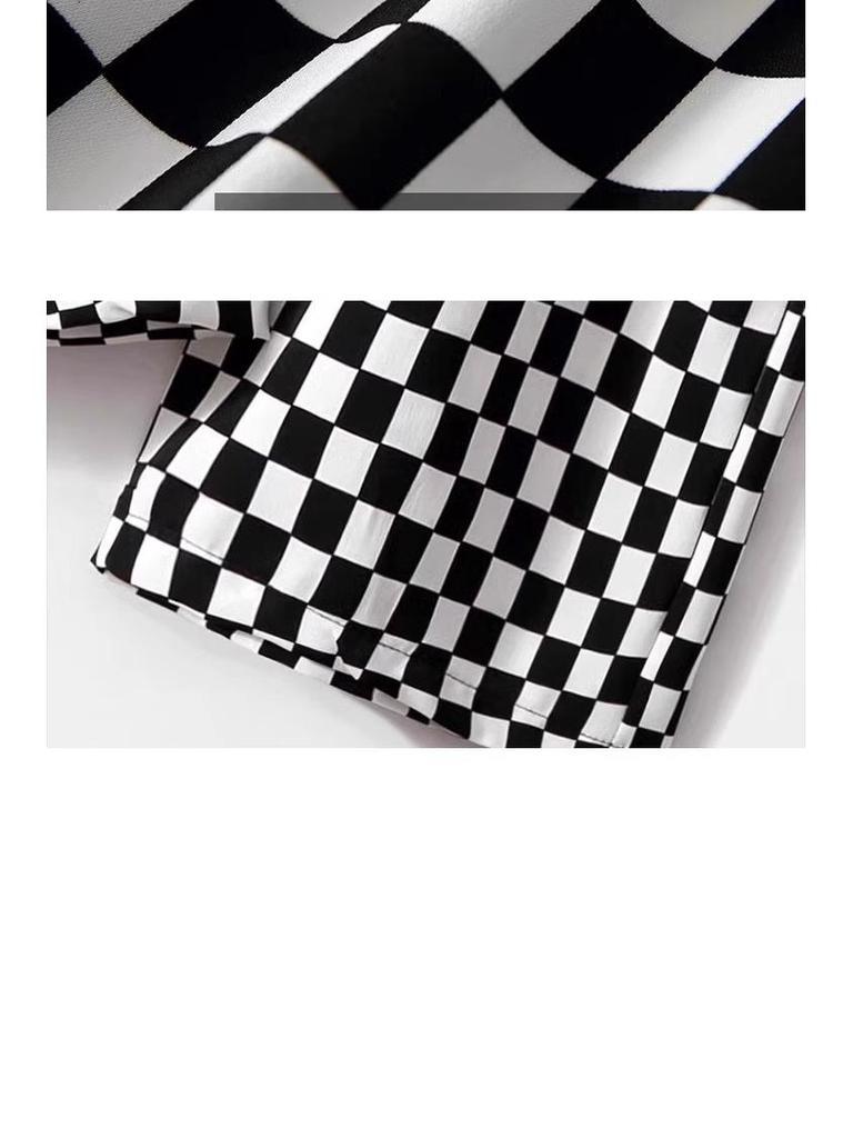 Женские летние брюки из ледяного шелка в клетку с широкими штанинами - Черно-белые с прямыми штанинами