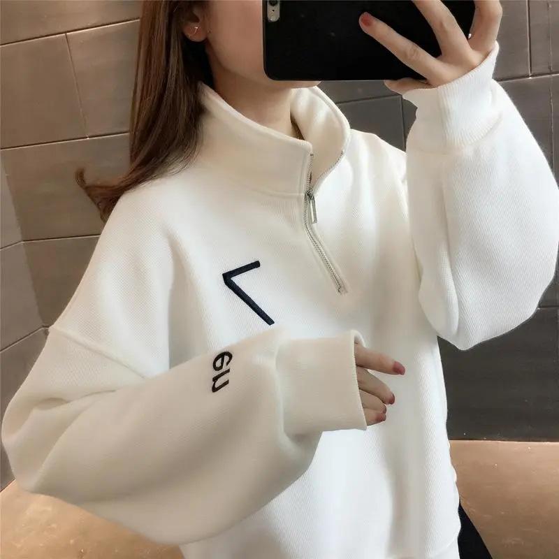 Хлопковый свитер, женский осенне-зимний свободный мягкий и утолщенный вафельный топ с застежкой-молнией, повседневный универсальный свитер