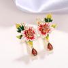 Huitan Gorgeous Flower Earrings for Women Red Flower Green Leaf Aesthetic Enamel Earrings Wedding Party Temperament Lady Jewelry