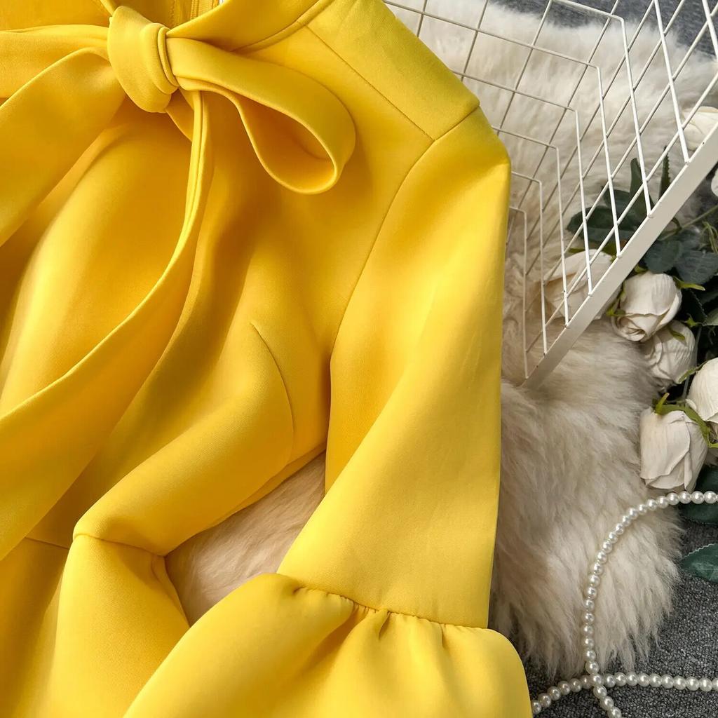 Милое стильное женское платье с бантом на шнуровке и фонариком с длинными рукавами, однотонные платья с высокой талией, осень-зима 2024, новинка 2024 г.