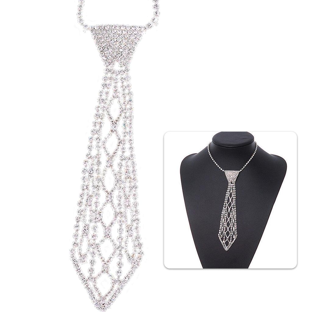 Elegant Tie Necklace with Sparkling Rhinestones for Formal Occasion Uniform Tie Punk Jeweled Chain Tie